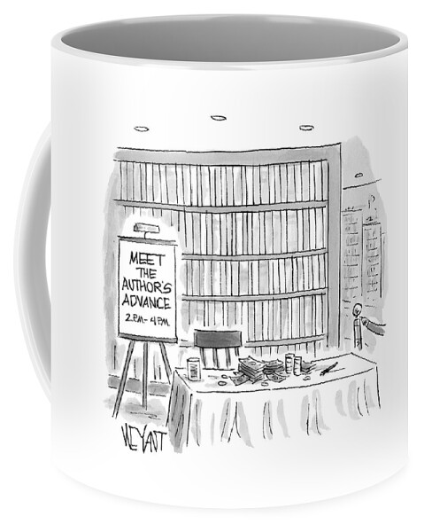 A Book-signing Table With A Pile Of Money And An Coffee Mug
