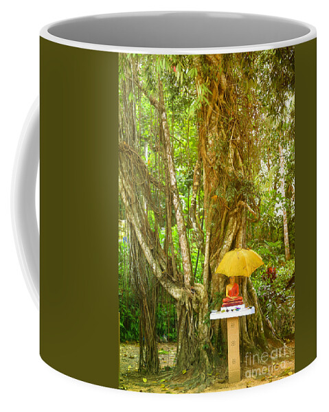 Buddha Coffee Mug featuring the photograph a Buddha shrine under a Bothi tree by Gina Koch