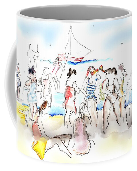 Beach Coffee Mug featuring the painting A Busy Day at the Beach by Carolyn Weltman