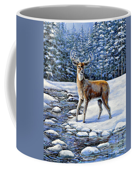 Nature Animal Deer Landscape Forest Winter Snow Pine Stream Blue Green Coffee Mug featuring the painting A Cold Drink by Gail Butler