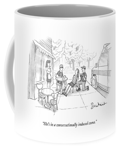 A Couple Sits Outside A Cafe. The Woman Coffee Mug