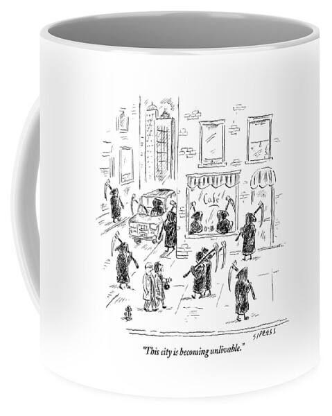 A Couple Walk Down A City Street Teeming Coffee Mug