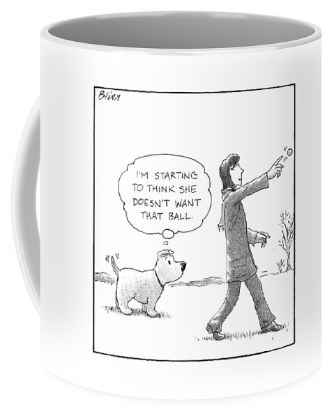 A Dog Thinks To Himself As A Woman Throws A Ball Coffee Mug