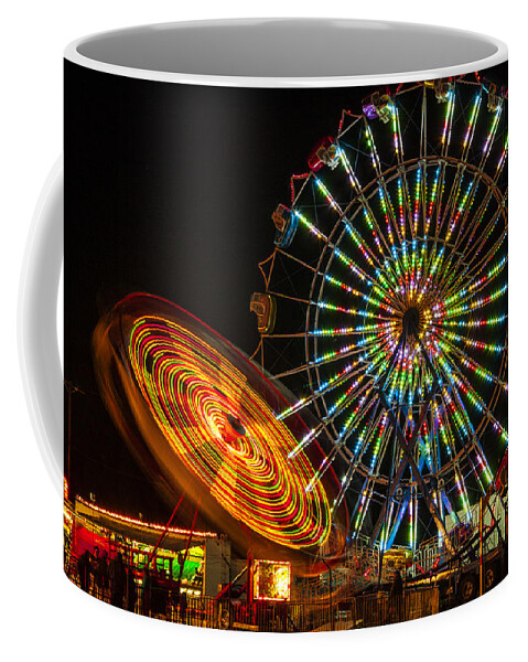 Colorful Carnival Ferris Wheel Ride At Night Prints Coffee Mug featuring the photograph Colorful Carnival Ferris Wheel Ride at Night by Jerry Cowart