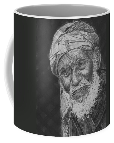Old Man Coffee Mug featuring the drawing A Fly on his Turban by Quwatha Valentine
