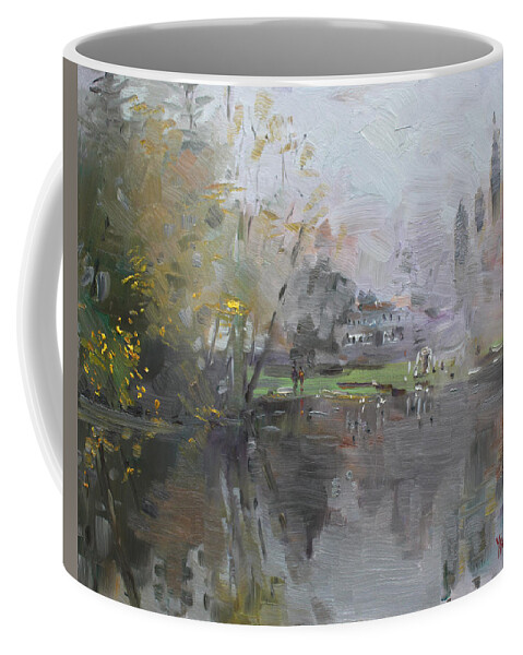 Foggy Coffee Mug featuring the painting A Foggy Fall Day by the Pond by Ylli Haruni