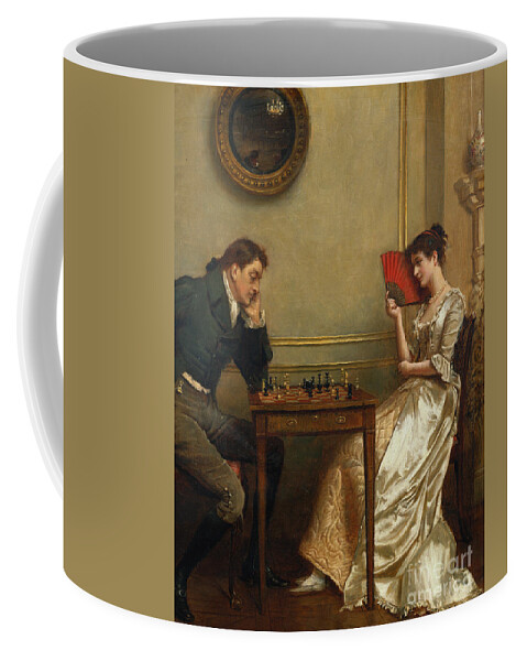 Fan; Mirror; Buckled Shoe; Parquet Floor; Society; Couple; Lovers; Flirtation; Flirting Coffee Mug featuring the painting A Game of Chess by George Kilburne