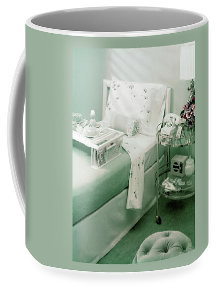A Green Bedroom With A Breakfast Tray On The Bed Coffee Mug