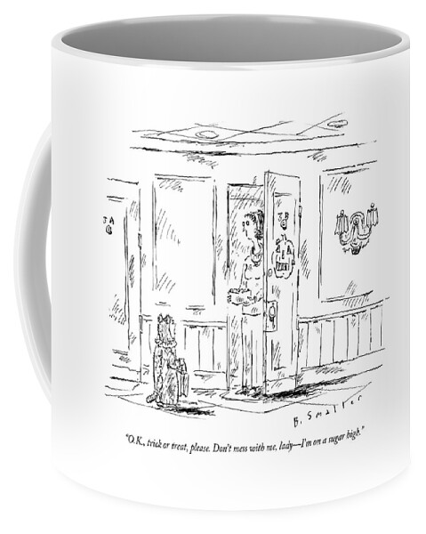 A Kid In A Costume Stands Outside A Woman's Door Coffee Mug