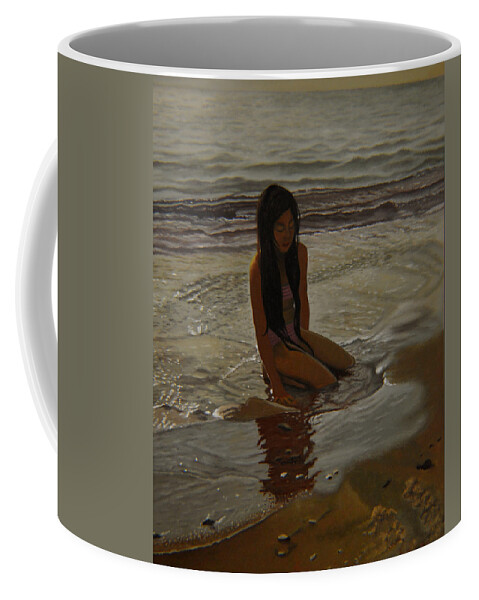Children Paintings Coffee Mug featuring the painting A line between ocean and sand by Thu Nguyen