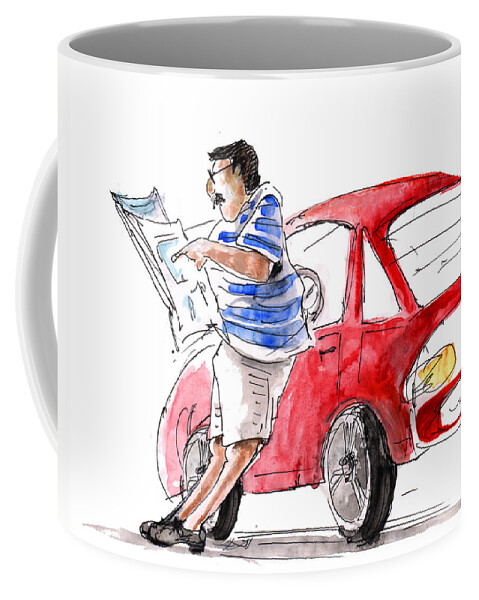 Sketch Coffee Mug featuring the painting A Man and His Car and His Newspaper by Miki De Goodaboom