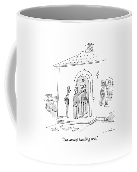 A Man And His Wife Knock On Their Neighbor's Door Coffee Mug