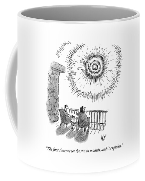 A Man And Woman Sit In Front Of An Exploding Sun Coffee Mug