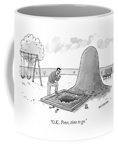 A Man Calling Into A Giant Hole Dug In A Sandbox Coffee Mug