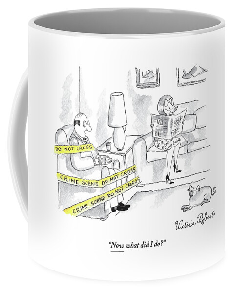 A Man Is Sitting In A Chair Wrapped In Crime Coffee Mug