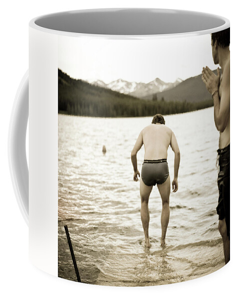A Man Stands On A Dock In His Underwear Coffee Mug