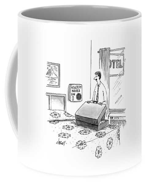 A Man Unpacks His Suitcase In A Motel Coffee Mug