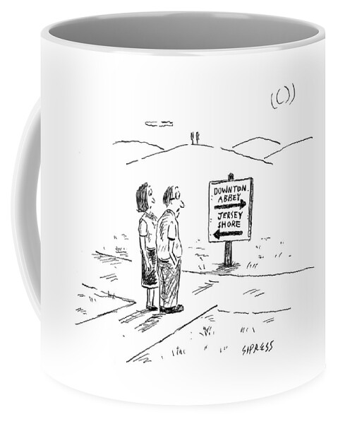 A Middle-aged Couple Stand At A Road Sign Coffee Mug