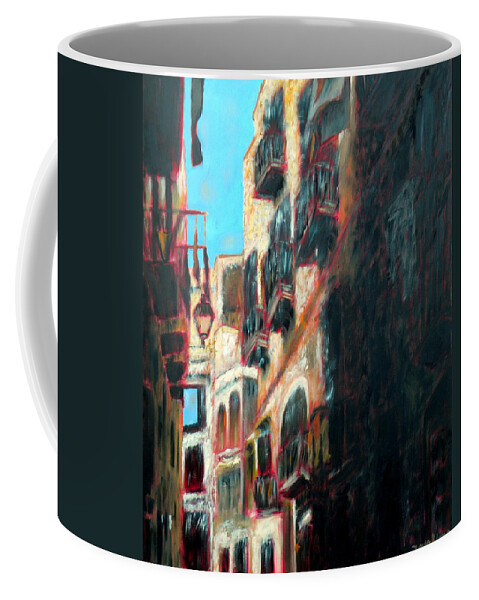 A Narrow Street Coffee Mug featuring the painting A narrow street by Uma Krishnamoorthy