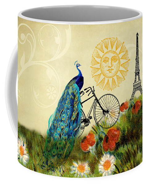 Peacocks Coffee Mug featuring the digital art A Peacock in Paris by Peggy Collins