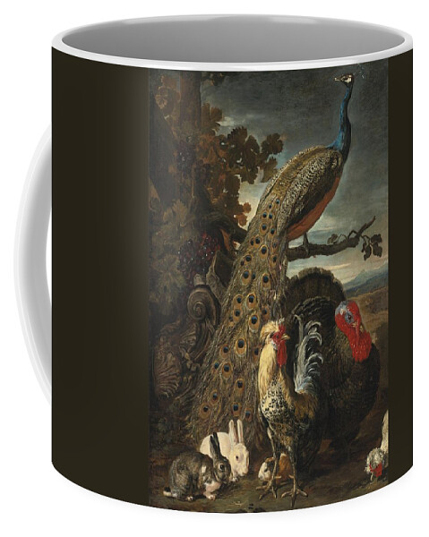David De Coninck Circa 1644 - 1701 A Peacock Coffee Mug featuring the painting A Peacock Turkey Rabbits And Cockerel In A Landscape by Celestial Images