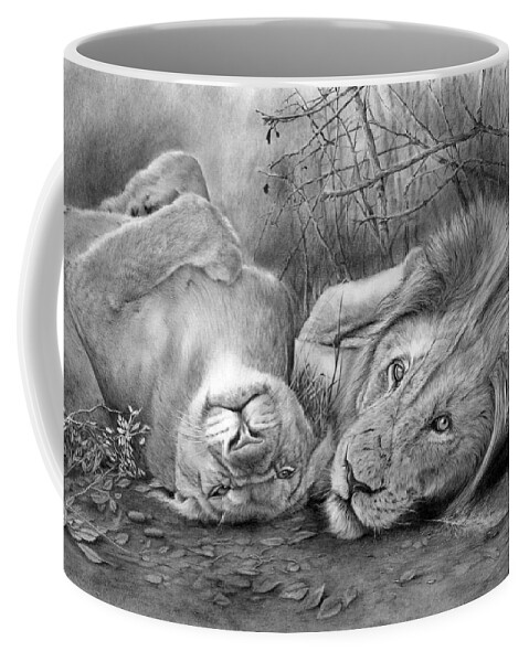 Lion Coffee Mug featuring the drawing A Place o Be Free by Peter Williams