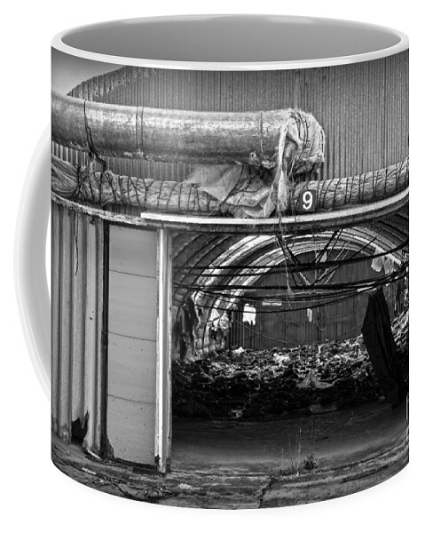 Shed Coffee Mug featuring the photograph A shed in an abandoned mushroom farm BW by RicardMN Photography