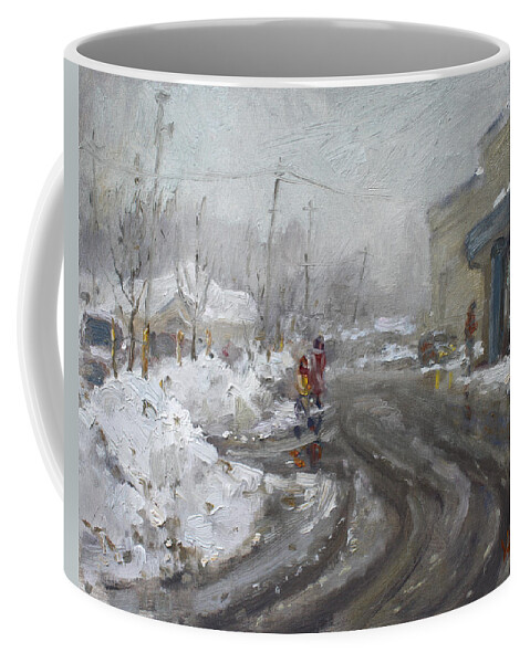 Snowfall Coffee Mug featuring the painting A Snow Day at Mil-Pine Plaza by Ylli Haruni