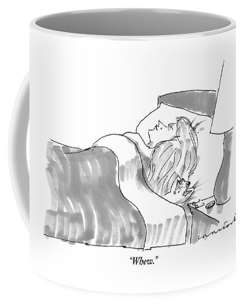 A Very Tiny Man Sighs With Exhausted While Lying Coffee Mug
