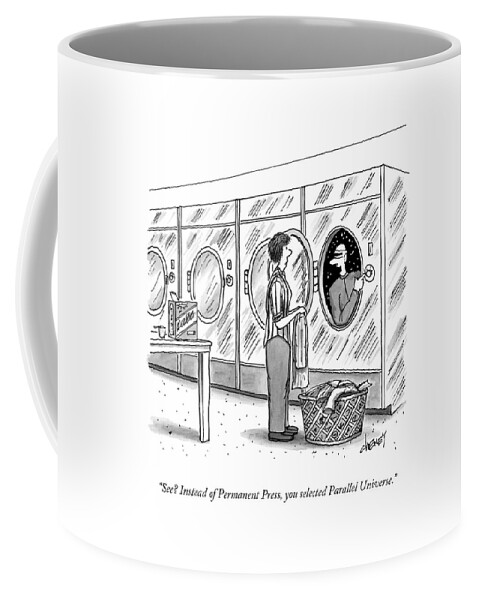 A Woman Doing Laundry With A Spaceman Coming Coffee Mug