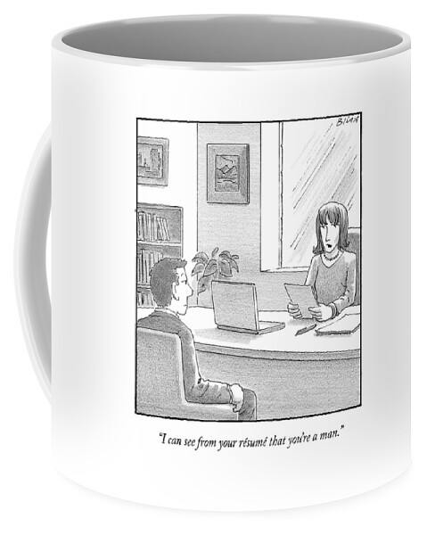 A Woman Interviewing A Man Reads His Resume Coffee Mug