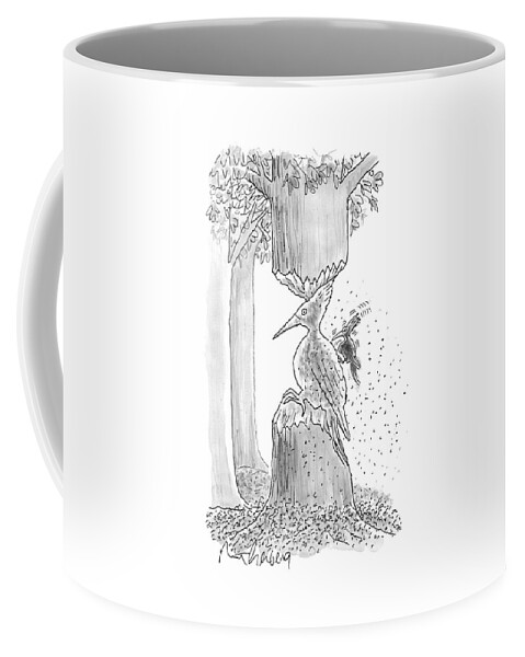 A Woodpecker Is Using His Beak To Carve Is Own Coffee Mug