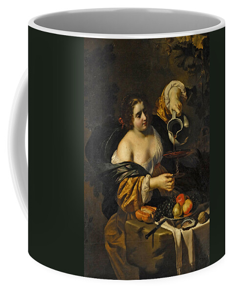 Nicolas Regnier Coffee Mug featuring the painting A young woman pouring red wine from a pitcher into a glass by Nicolas Regnier