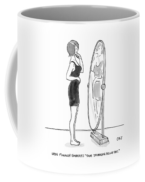 A Young Woman Stands Facing A Full-length Mirror Coffee Mug