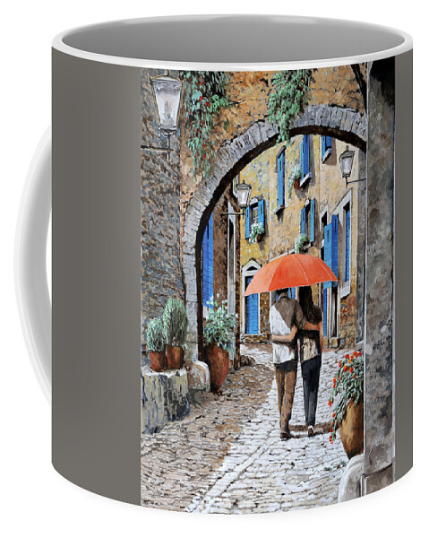 Street Scene Coffee Mug featuring the painting Teneramente Abbracciati Sotto L'ombrello by Guido Borelli