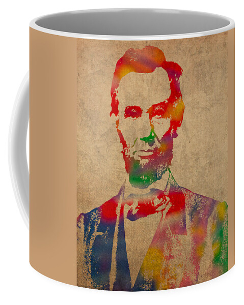Abraham Lincoln President Watercolor Portrait On Worn Distressed Canvas Coffee Mug featuring the mixed media Abraham Lincoln Watercolor Portrait on Worn Distressed Canvas by Design Turnpike