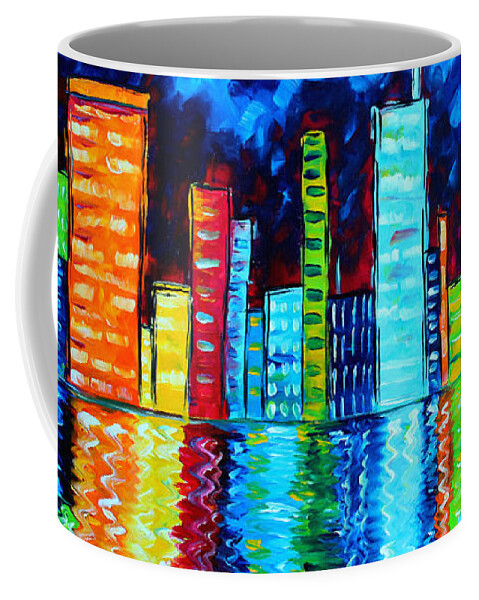 Abstract Coffee Mug featuring the painting Abstract Art Landscape City Cityscape Textured Painting CITY NIGHTS II by MADART by Megan Aroon
