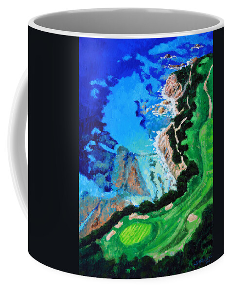 Pebble Beach Coffee Mug featuring the painting Aerial View of Pebble Beach by John Lautermilch