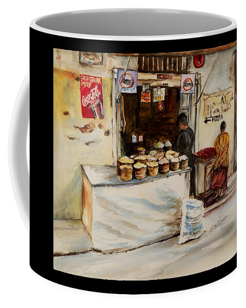 Duka African Store Coffee Mug featuring the painting African Corner Store by Sher Nasser Artist
