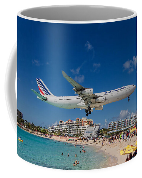 Air France Coffee Mug featuring the photograph Air France low approach at St. Maarten by David Gleeson