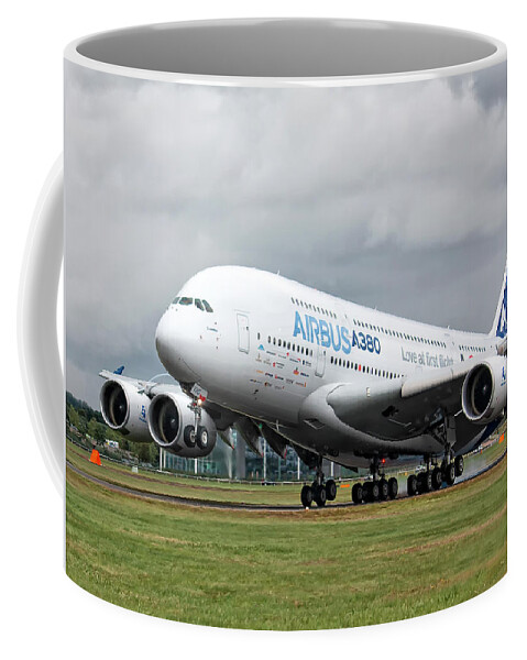 Airbus A380 Coffee Mug featuring the photograph Airbus A380 Landing by Shirley Mitchell