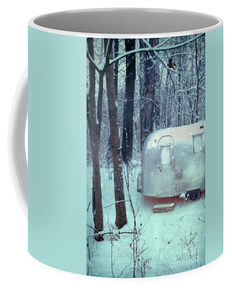 Trailer Coffee Mug featuring the photograph Airstream Trailer in Snowy Woods by Jill Battaglia