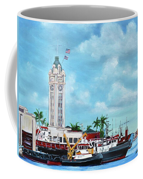 Aloha Coffee Mug featuring the painting Aloha Tower by Larry Geyrozaga