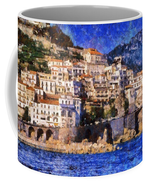 Amalfi Coffee Mug featuring the painting Amalfi town in Italy by George Atsametakis