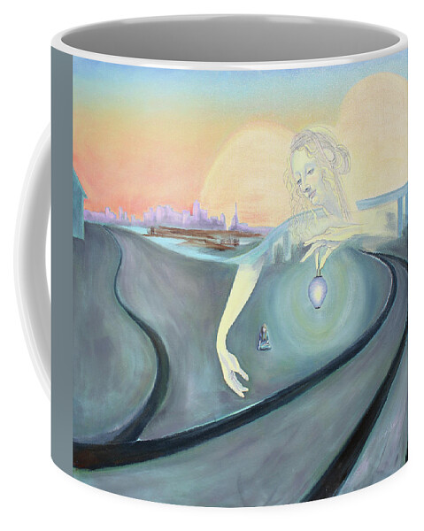 Industrial Landscape Painting Coffee Mug featuring the painting Angel Bringing Light to Meditating Woman at the Train Tracks by Asha Carolyn Young