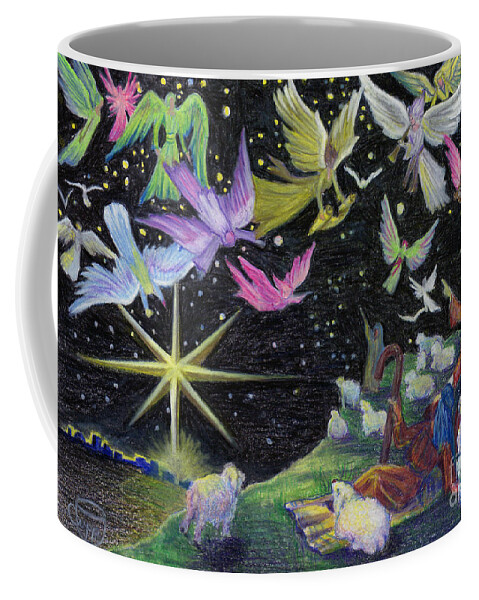 Nativity Coffee Mug featuring the painting Angel Skies by Nancy Cupp