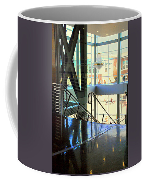 Chandelier With Staircase Coffee Mug featuring the digital art Angelika Theater Lobby Upstairs by Pamela Smale Williams