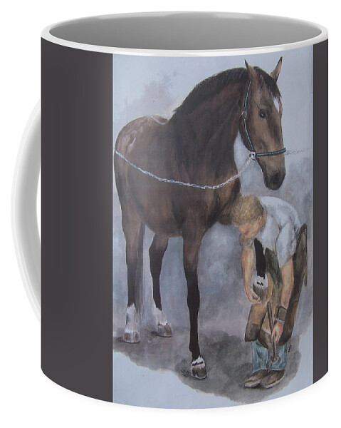 Farrier Coffee Mug featuring the painting Another Day at the Office by Kathy Laughlin