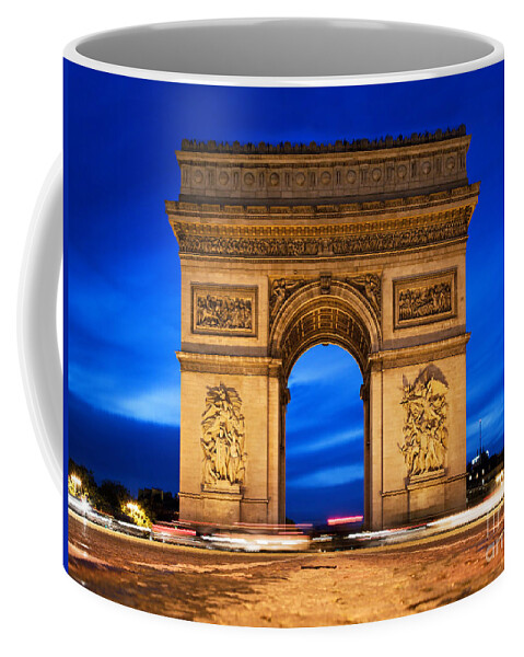 Paris Coffee Mug featuring the photograph Arc de Triomphe at night Paris France by Michal Bednarek