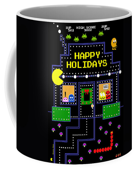 Retro Coffee Mug featuring the digital art Arcade Holiday by Shawna Rowe